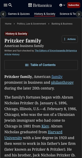 Artikel Pritzker Familie der Encyclopaedica Britannica