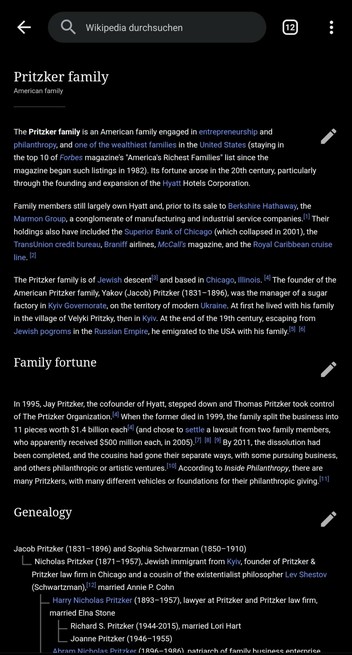 Artikel Pritzker Familie der englischsprachigen Wikipedia